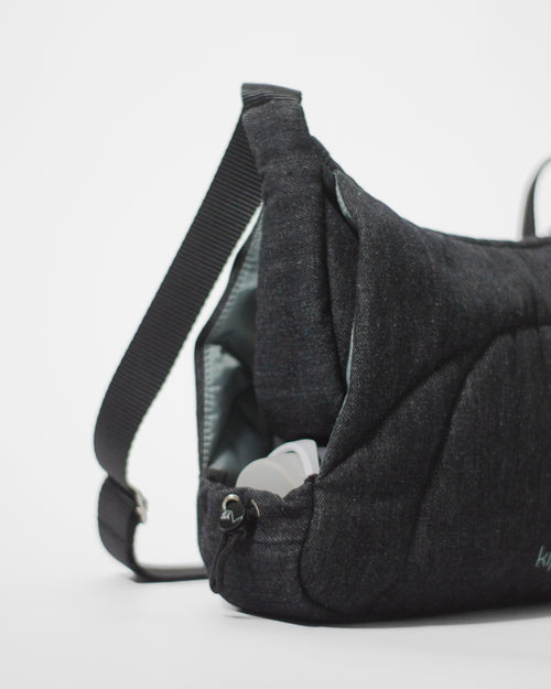 Bottle Bag in Black Denim / Dusty Blue, bottle compartment