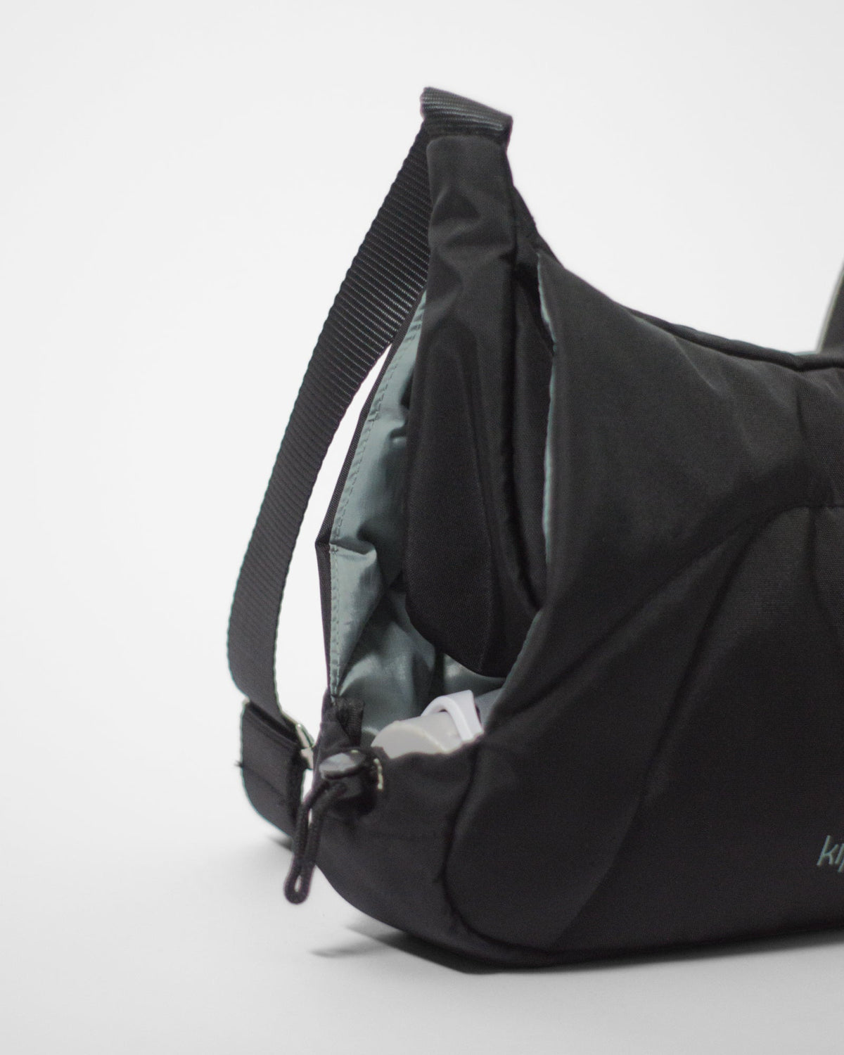 Bottle Bag in Black Crinkle Nylon / Dusty Blue, bottle compartment