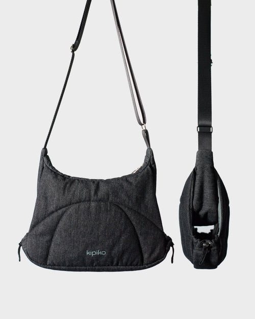 Bottle Bag in Black Denim / Dusty Blue Ripstop Nylon, front view