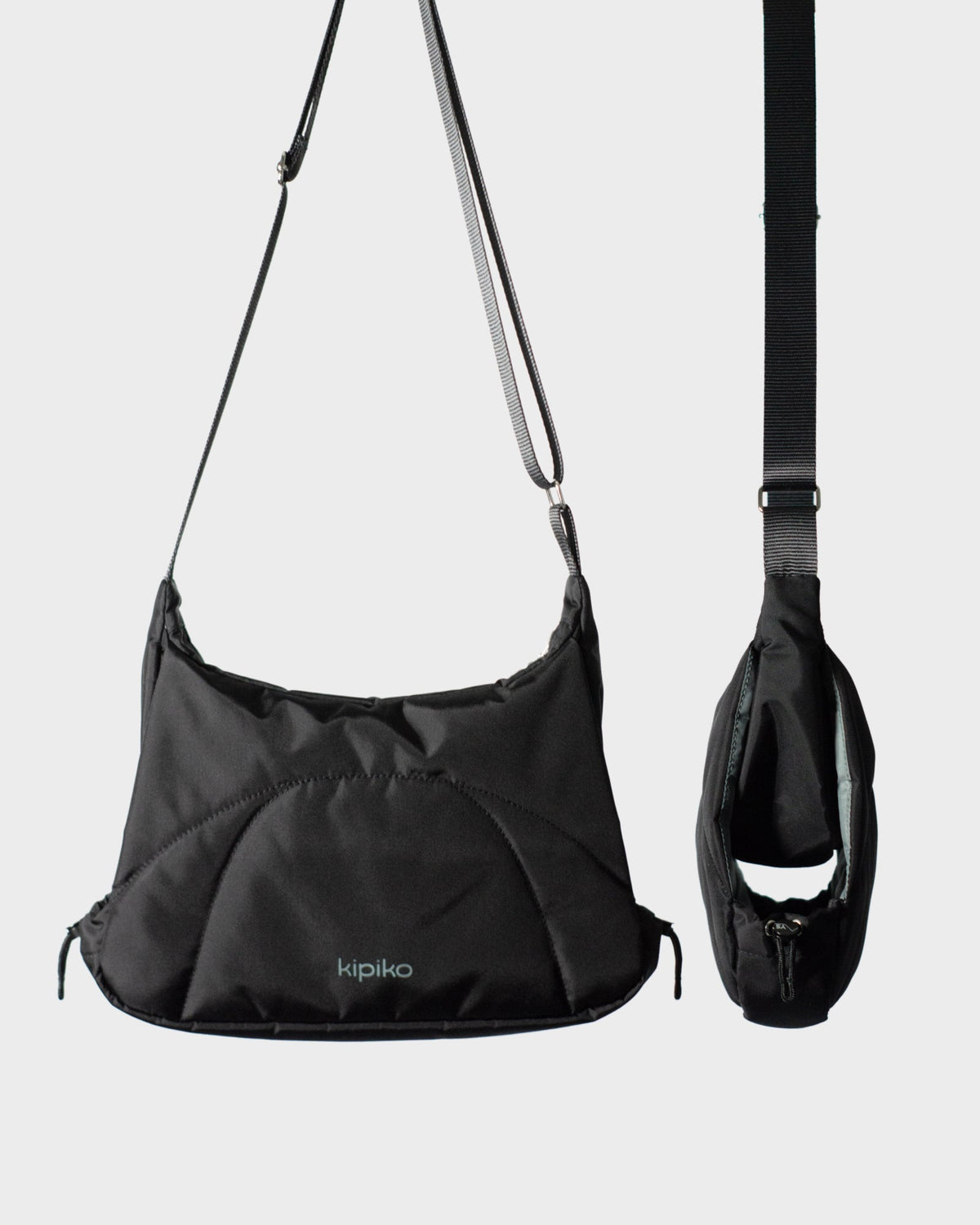 Bottle Bag in Black Crinkle Nylon / Dusty Blue, front view