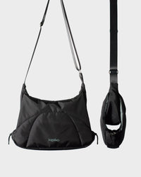 Bottle Bag in Black Crinkle Nylon / Dusty Blue, front view