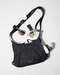 Bottle Bag in Black Denim / Black, contents spilled out
