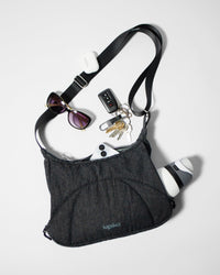 Bottle Bag in Black Denim / Dusty Blue, contents spilled out