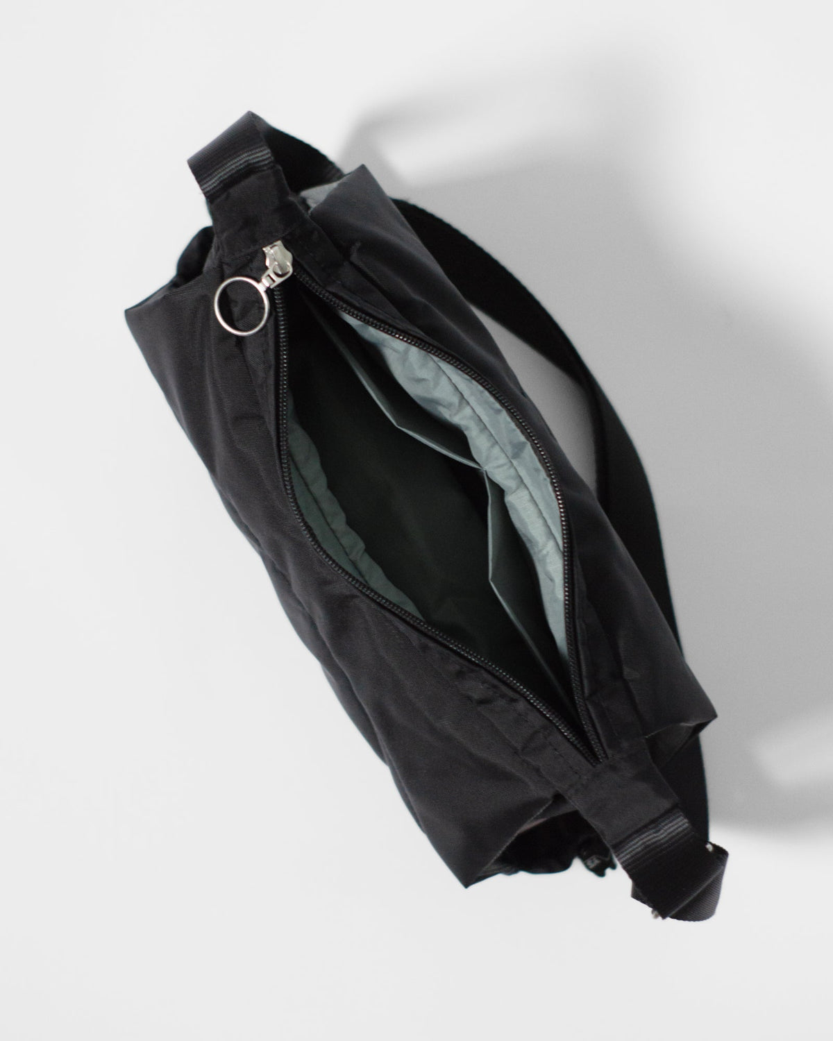 Bottle Bag in Black Denim / Dusty Blue, top view open