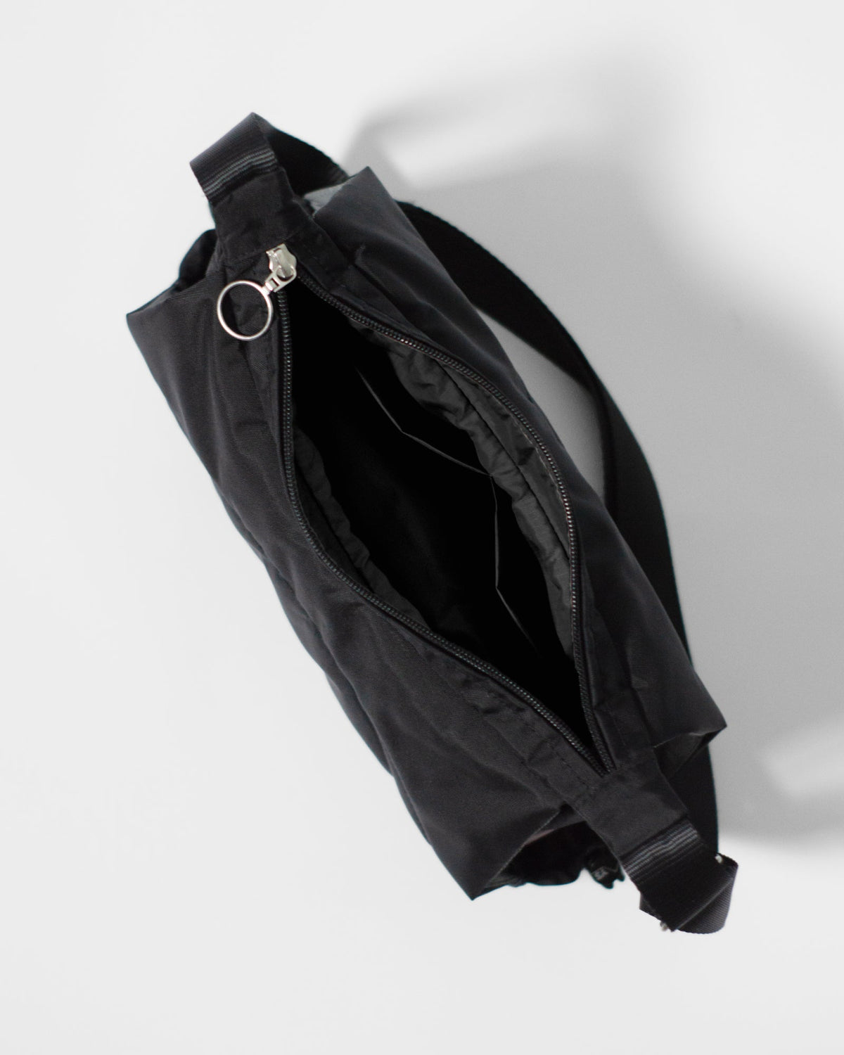 Bottle Bag in Black Crinkle Nylon / Black, top view open